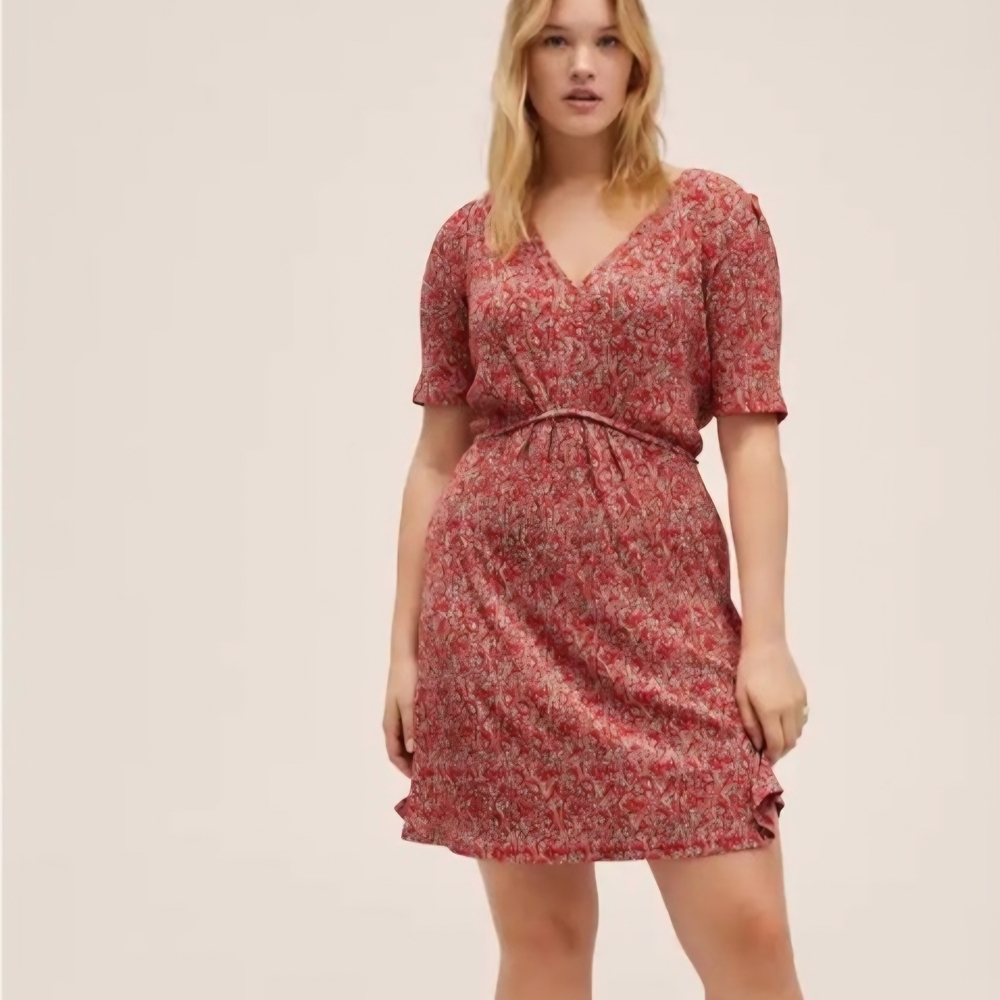 Mango Red Printed V-Neck Mini Dress